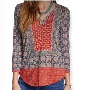 SALE Lucky Brand Popover Bohemian Block Print Blue Red Modal Peasant Top XXL